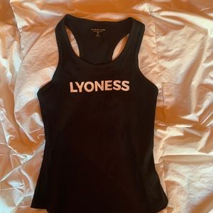 plain athletic tank top with words on front
